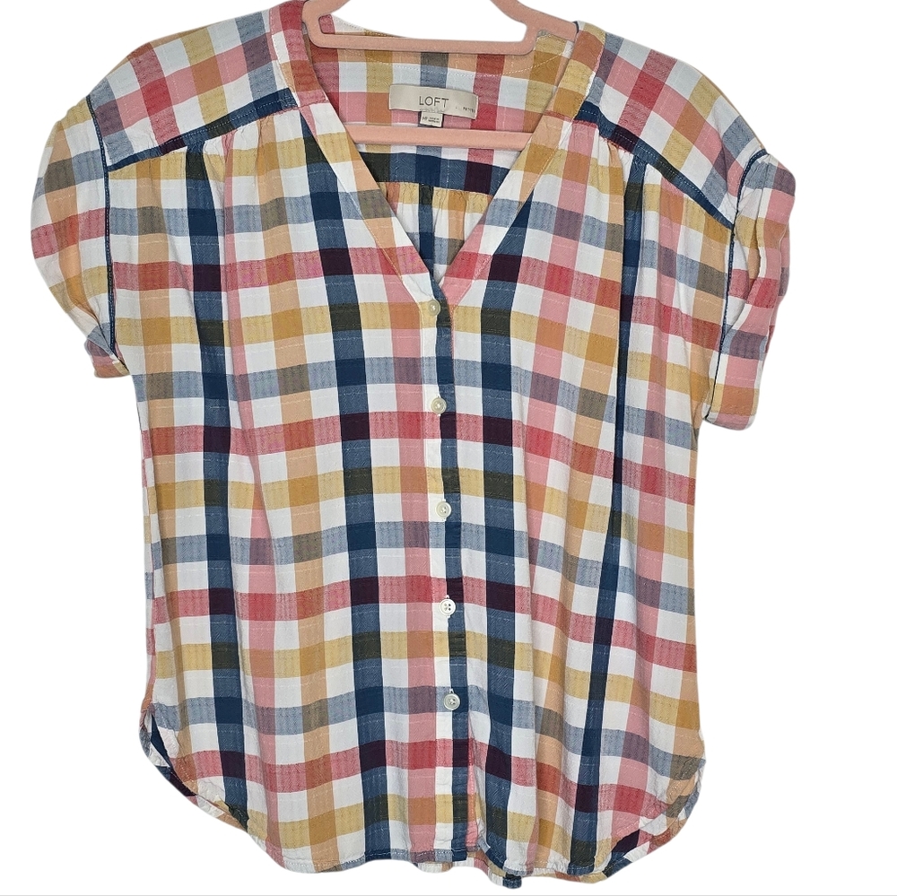 LOFT Multicolor Plaid Short-sleeve Button-down Shirt